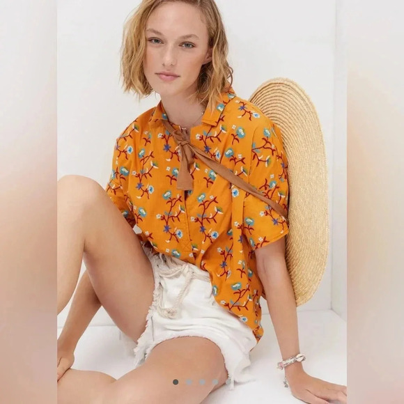 NWT new XS Anthropologie pilcro embroidered surf button down top floral gold - Picture 14 of 17